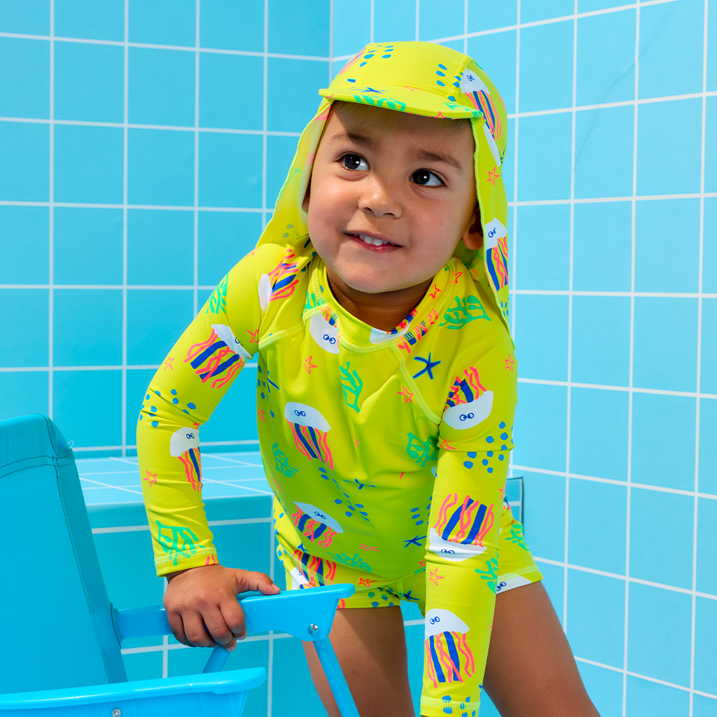 Legionnaire’s Swim Hat UPF50+ sunsmart baby toddler yellow jellyfish super-soft recycled materials