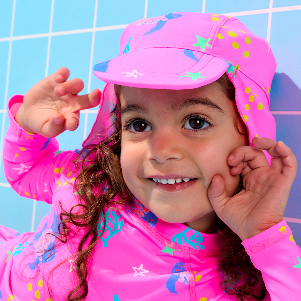 Legionnaire’s Swim Hat UPF50+ sunsmart baby toddler pink angel fish super-soft recycled materials