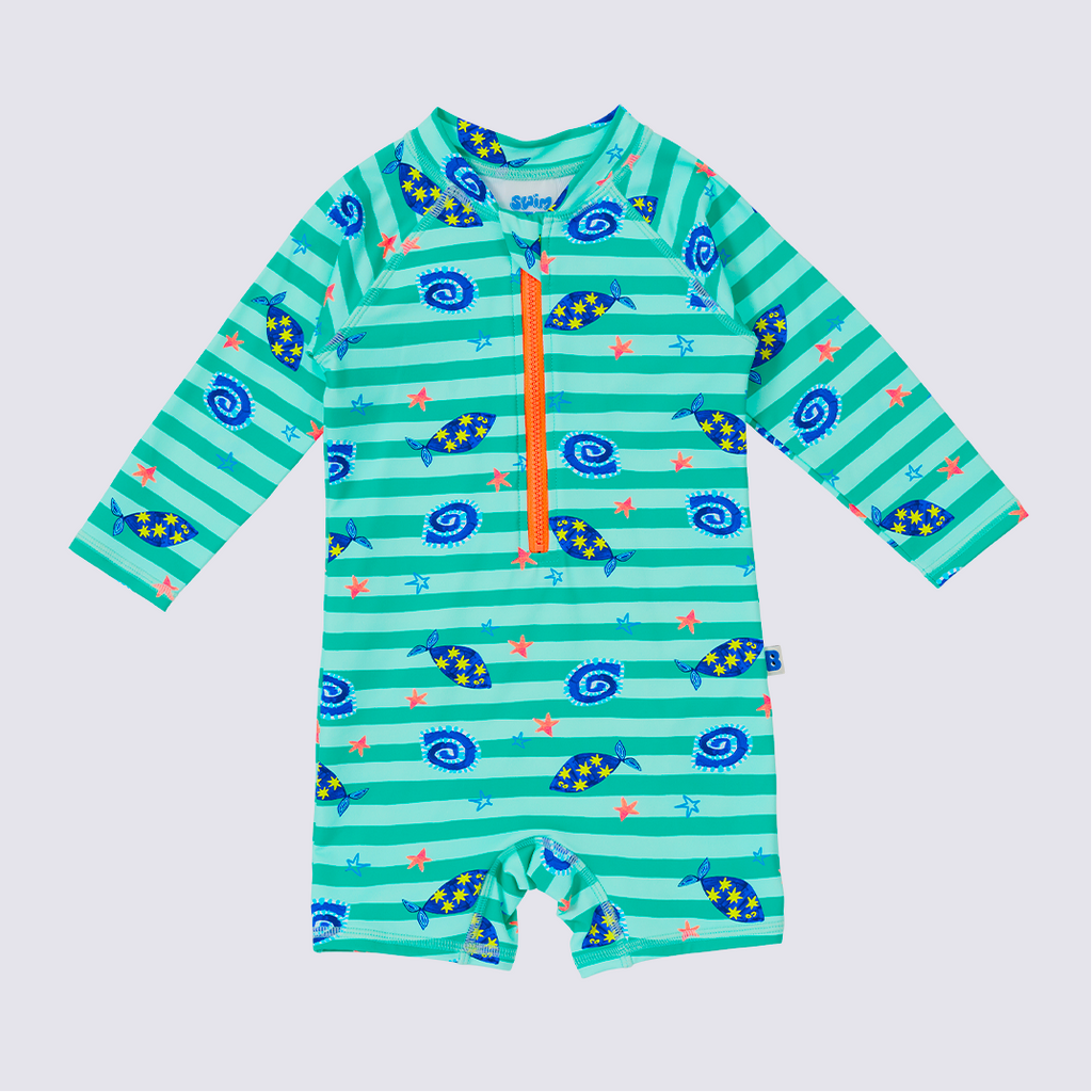 Bambi Mini Co.| Splash Happy Swimsuit  | Green Stripe Fish Print | Baby and Toddler
