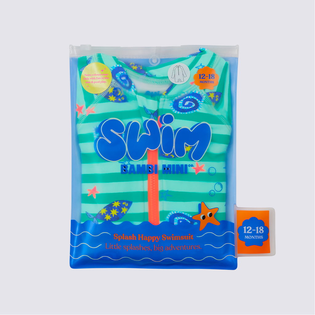 Bambi Mini Co.| Splash Happy Swimsuit  | Green Stripe Fish Print | Baby and Toddler