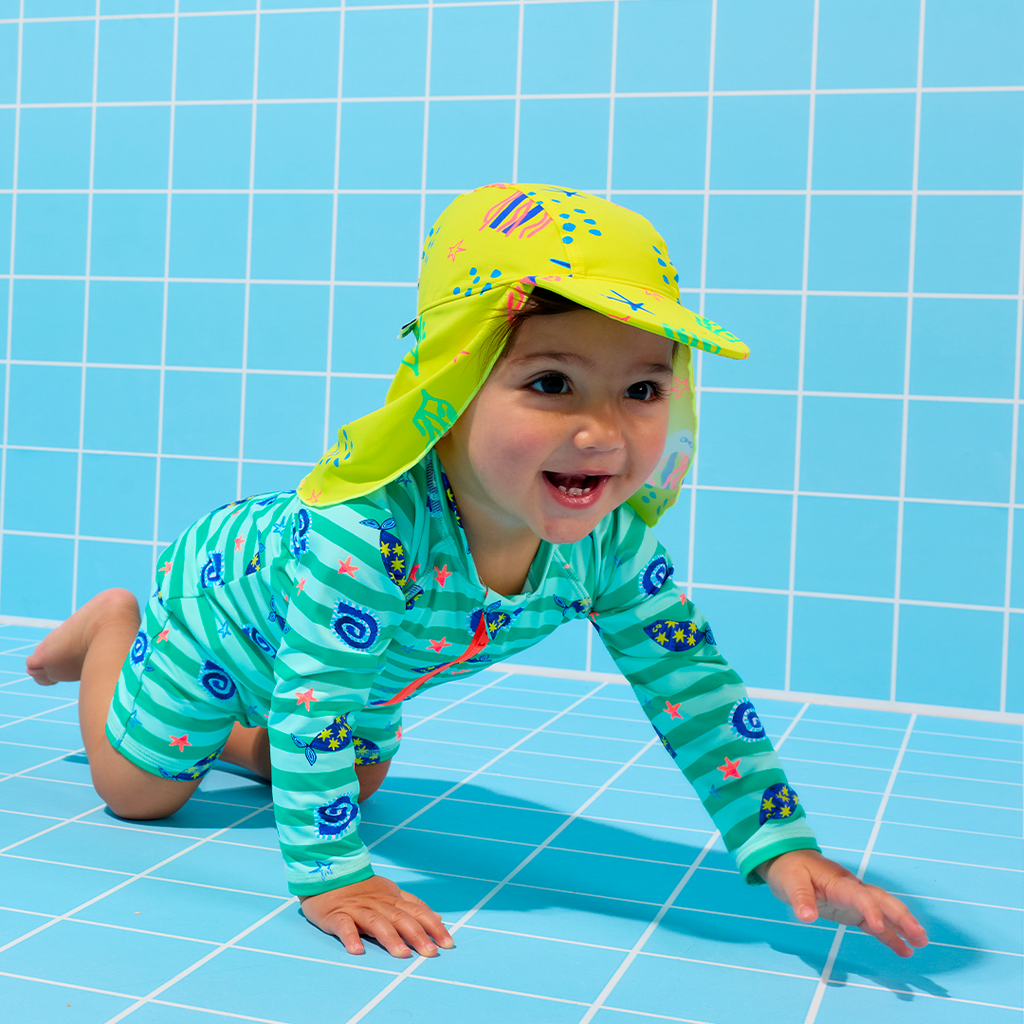 Swimsuit UPF50+ sunsmart baby toddler green stripe fish print super-soft recycled materials