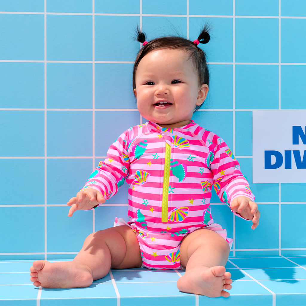 Swimsuit UPF50+ sunsmart baby toddler pink stripe shell print super-soft recycled materials