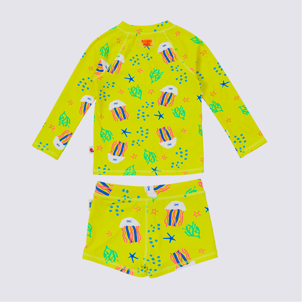 Bambi Mini Co.| Splash Happy Rashie and Pant Set  | Yellow Jellyfish Print | Toddler and Kids