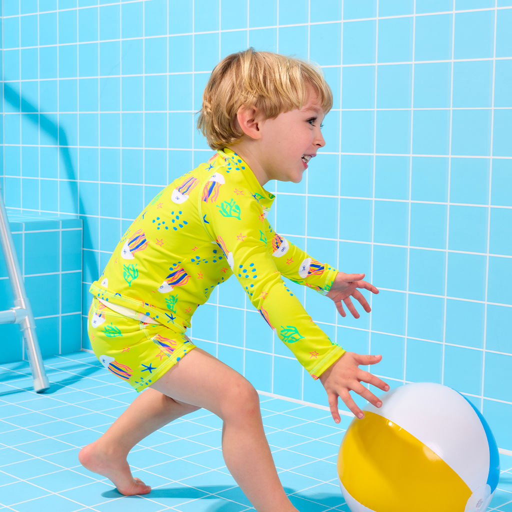 Rashie and Pant Swim set UPF50+ sunsmart baby toddler kids Yellow Jellyfish print super-soft recycled materials